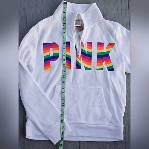 PINK Everyday Lounge Perfect Quarter Zip Classic Pullover OPTIC WHITE PRIDE MED. - Picture 9 of 16
